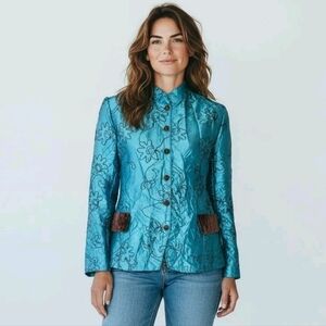 Cydney Mar Crushed Taffeta Jacket with Flocked Floral Design Size Large TEAL